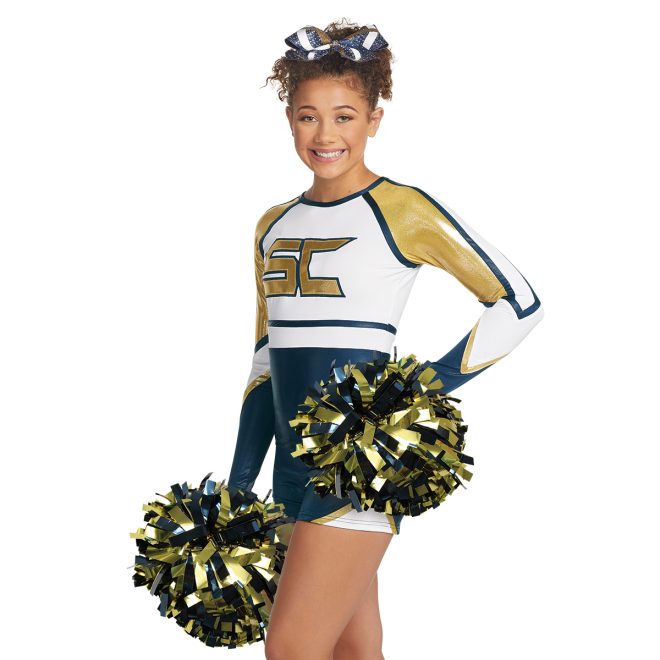 gold and navy two color metallic show pom shown with navy, gold, and white custom cheer uniform
