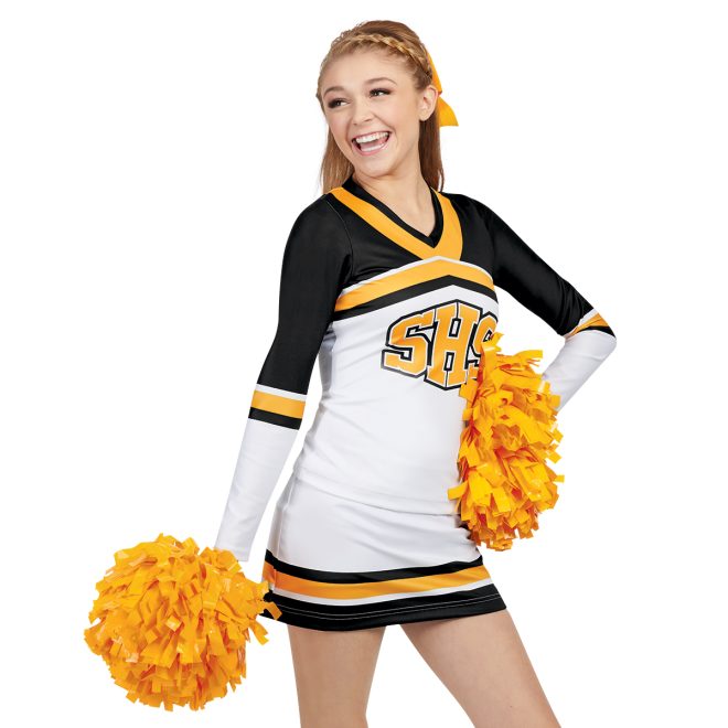 gold solid plastic show pom held by cheerleader in custom black, white and gold uniform with gold bow