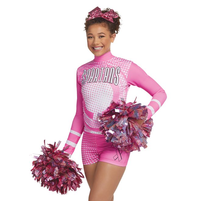 pink solid holographic show pom held by cheerleader in custom pink uniform and bow