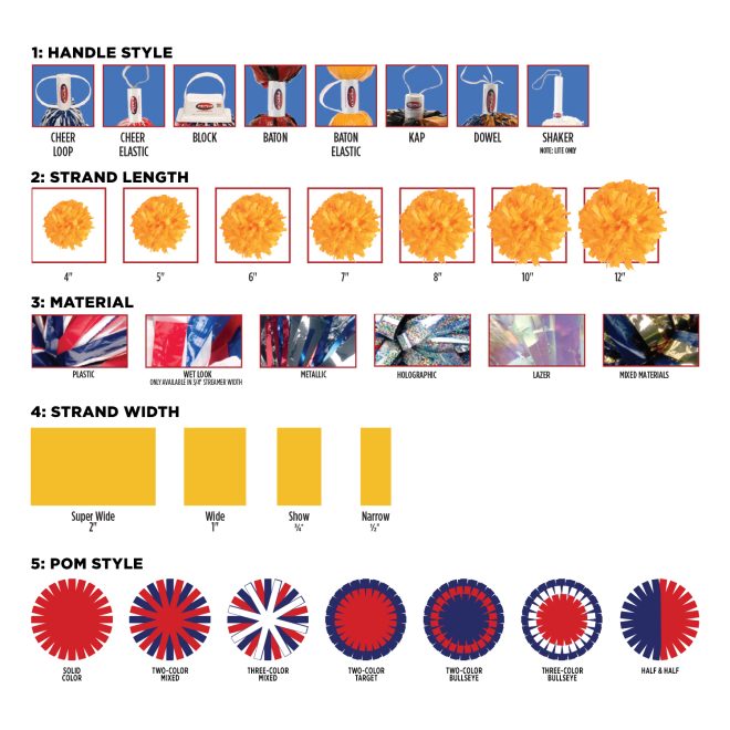 custom plastic pom options. Choose handle style, strand length, material, strand width and pom style. Please call for assistance