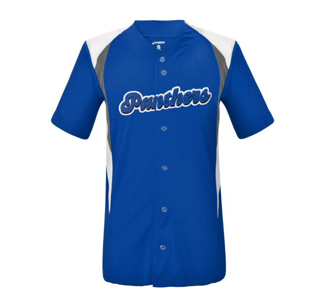 royal/white/graphite champro bull pen jersey with decoration the says "Panthers", front view