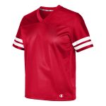 red with two white stripes on sleeves champion fan jersey front view