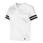 white with two black stripes on sleeves champion fan jersey front view