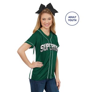 adult and youth custom augusta slugger jersey dark green and white front view. says superior across chest