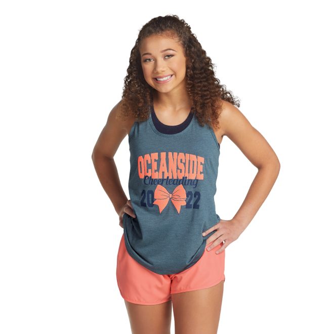 coral augusta wayfarer cheer short front view paired with customized tank with coral lettering and bow and navy lettering says oceanside cheerleading 2022