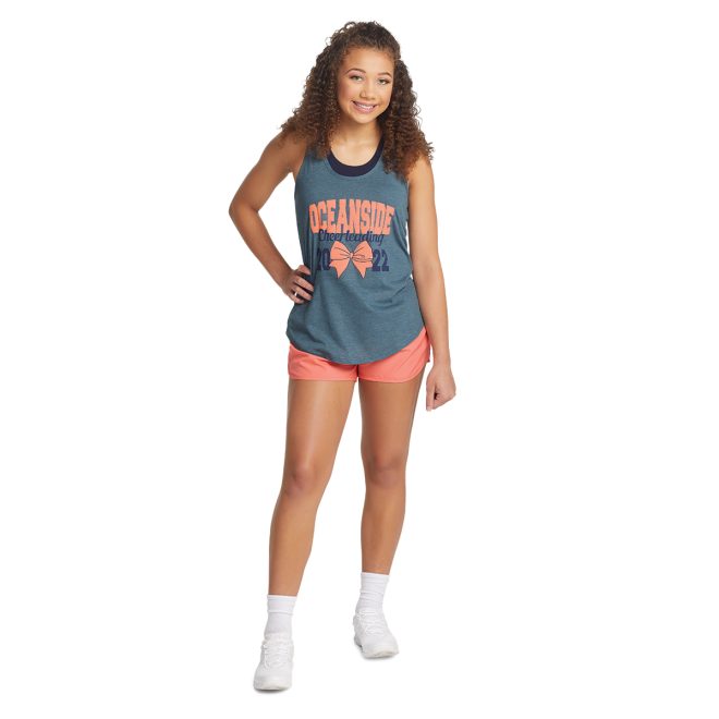 coral augusta wayfarer cheer short front view paired with customized tank with coral lettering and bow and navy lettering says oceanside cheerleading 2022