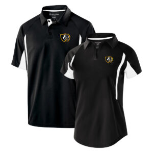 women's and men's Holloway avenger polo, front three-quarters view together.