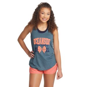 customized grey augusta lux tri blend tank front view with coral lettering and bow and navy lettering says oceanside cheerleading 2022 paired with coral shorts