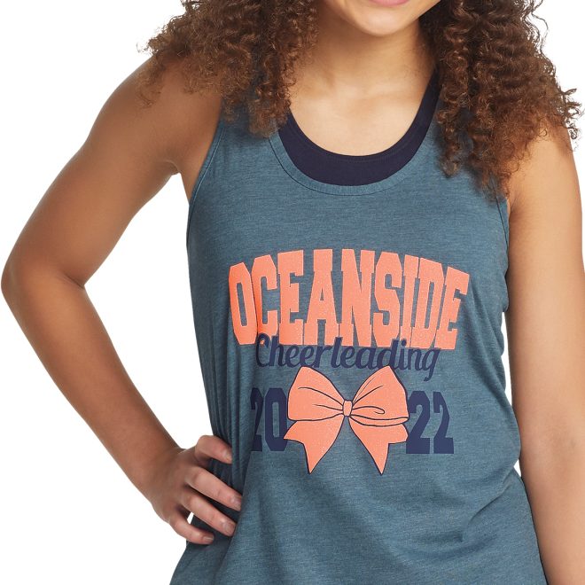 customized grey augusta lux tri blend tank front view with coral lettering and bow and navy lettering says oceanside cheerleading 2022