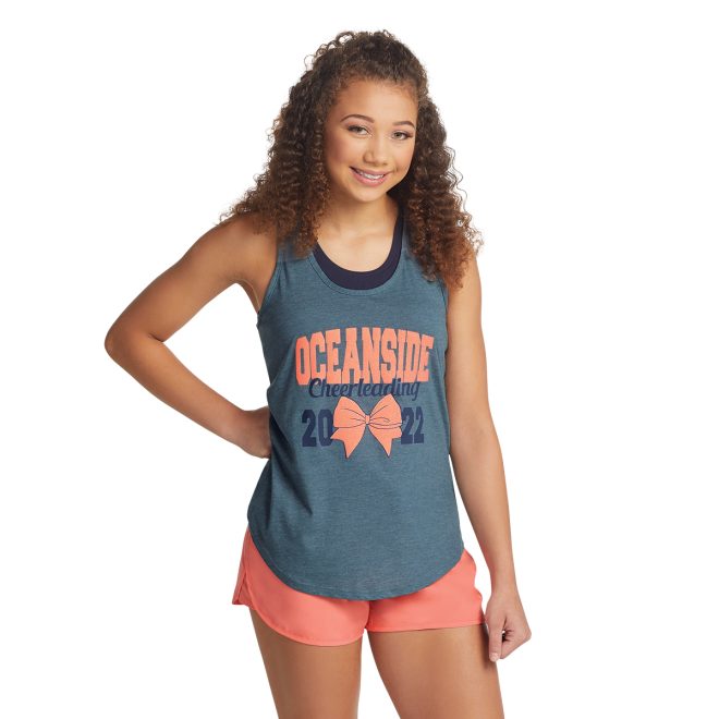 customized grey augusta lux tri blend tank front view with coral lettering and bow and navy lettering says oceanside cheerleading 2022 paired with coral shorts