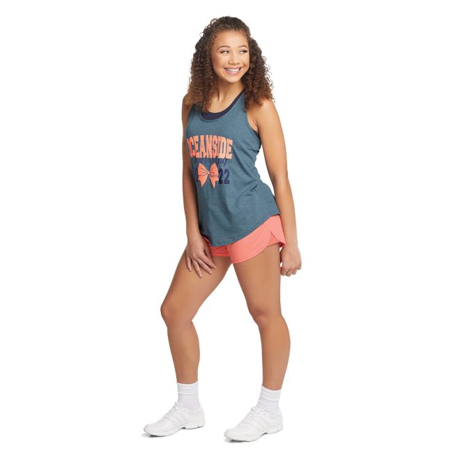 customized grey augusta lux tri blend tank front view with coral lettering and bow and navy lettering says oceanside cheerleading 2022 paired with coral shorts