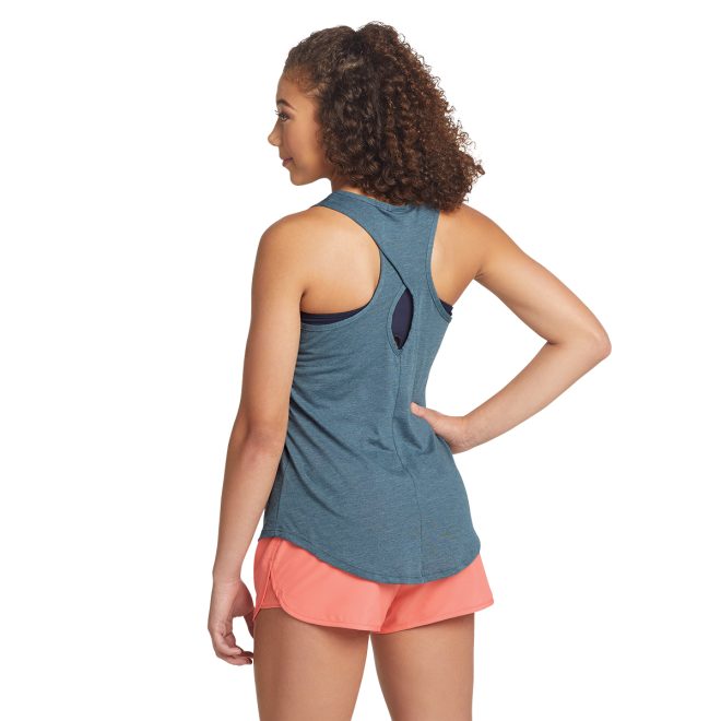 grey augusta lux tri blend tank back view paired with coral shorts