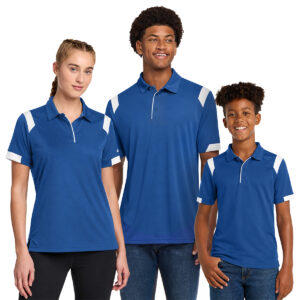Man, woman, a child, each wearing badger on the rise polos, front view