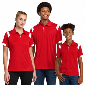 Man, woman, a child, each wearing red badger on the rise polos, front view