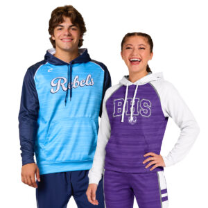 Champro JUICE sublimated hoodie in navy and light blue with white accents and purple with white accents paired with coordinating track pants