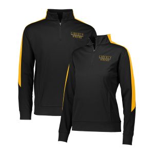 mens and womens Augusta Medalist 2.0 Pullover in black and gold front view, Custom embroidery reading liberty athletics
