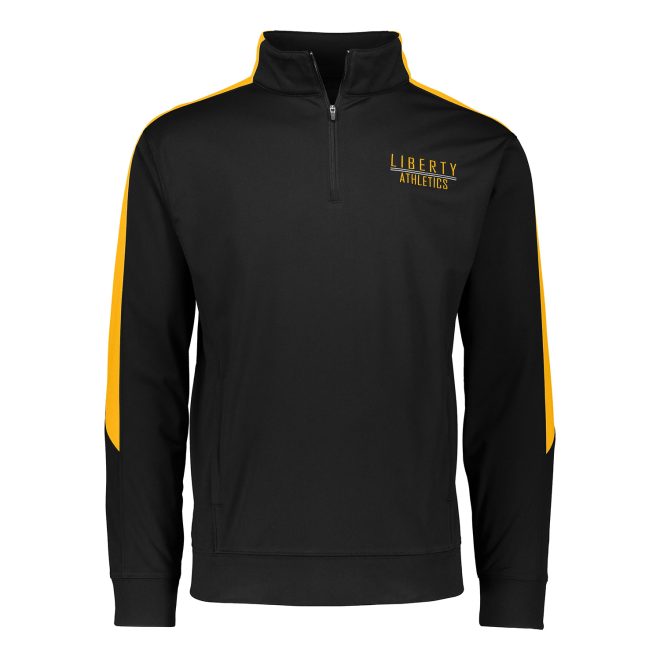 customized black and gold augusta medalist pullover front view. says liberty athletics on left chest