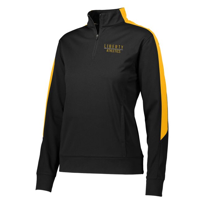 customized black and gold augusta medalist pullover front view. says liberty athletics in gold on left chest