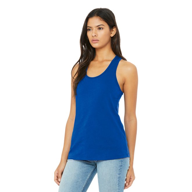 true royal bella canvas racerback tank front view on model