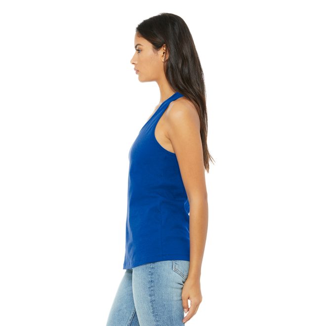 true royal bella canvas racerback tank side view on model