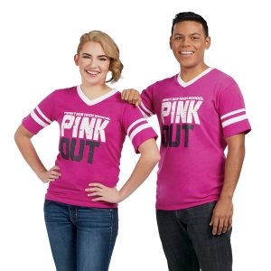 female and male models wearing power pink/white Augusta Sleeve Stripe Jerseys with a custom imprint