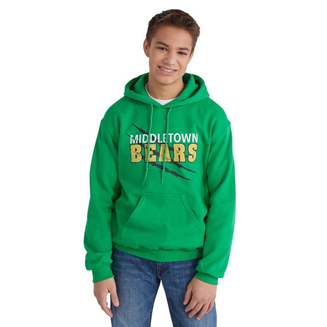 customized irish green heavy blend hooded sweatshirt front view says middletown in white and bears in yellow with claw marks across chest