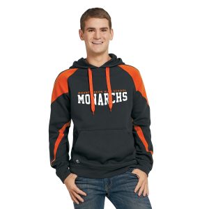 customized black and orange holloway prospect hoodie front view. says mount gideon high school in orange and monarchs in white across chest
