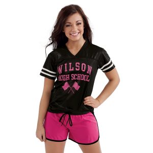 customized black and white posicharge replica jersey front view paired with pink raspberry shorts. says wilson high school with two crossed flags in pink raspberry
