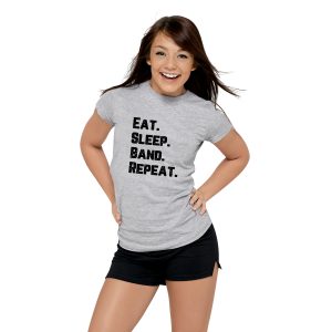 customized eat. sleep. band. repeat. black lettering grey solid color cotton tee front view