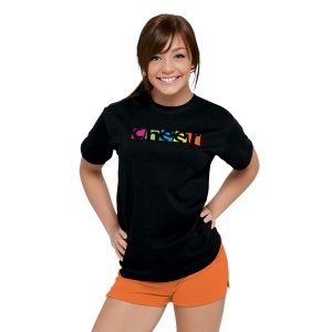 orange authentic soffe shorts front view paired with black cheer tee that says cheer in color blocks