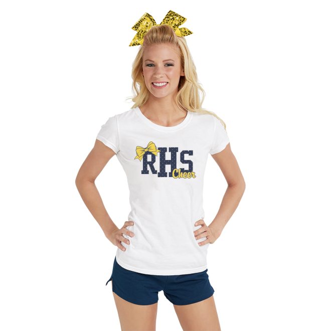 navy authentic soffe shorts front view paired with custom white tee with navy lettering saying RHS with yellow bows and gold sparkly bow