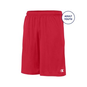 adult and youth red champion core pocket short front view