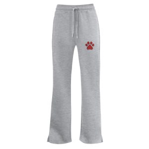 customized grey pennant flare sweatpant front view with red paw print on left leg