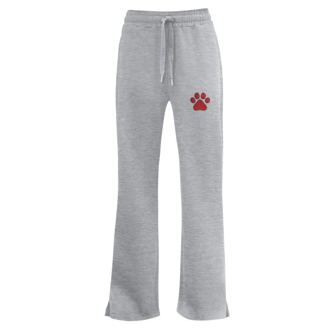 customized grey pennant flare sweatpant front view with red paw print on left leg