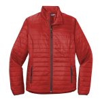 fire red, graphite packable puffy jacket front view