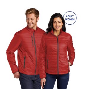adult and women fire red, graphite packable puffy jacket front view on models