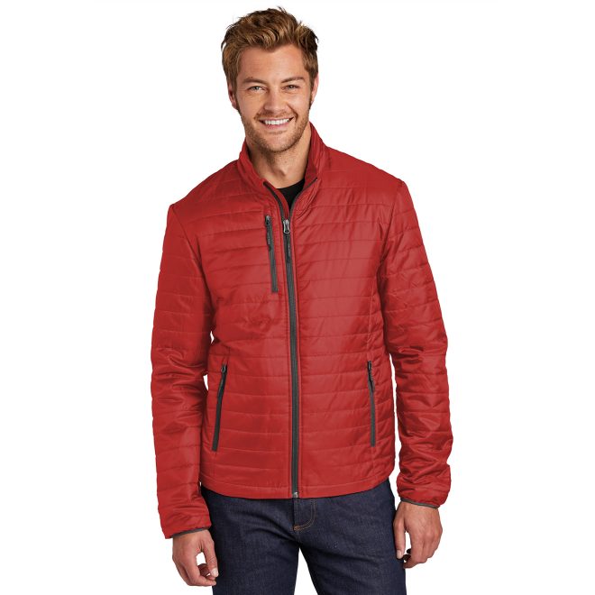 fire red, graphite packable puffy jacket front view on model