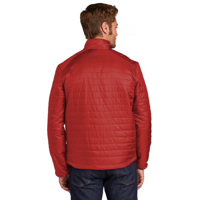 men fire red, graphite packable puffy jacket back view on model