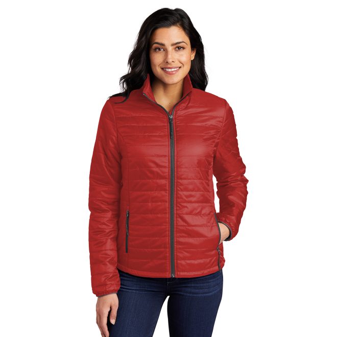 women fire red, graphite packable puffy jacket front view on model