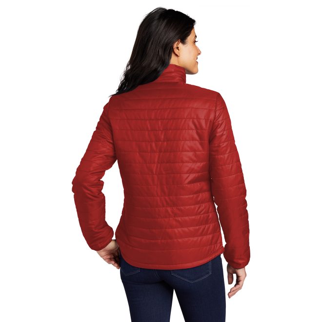 women fire red, graphite packable puffy jacket back view on model