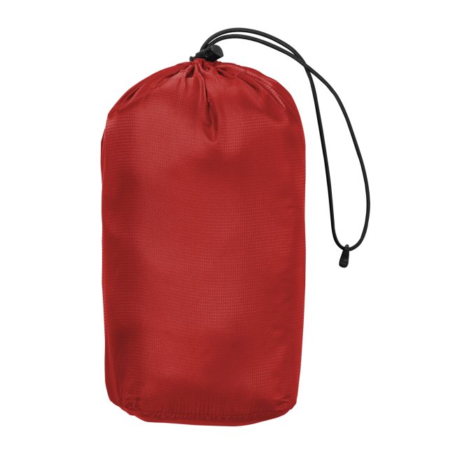 fire red, graphite packable puffy jacket packed in carrying pouch with drawstring