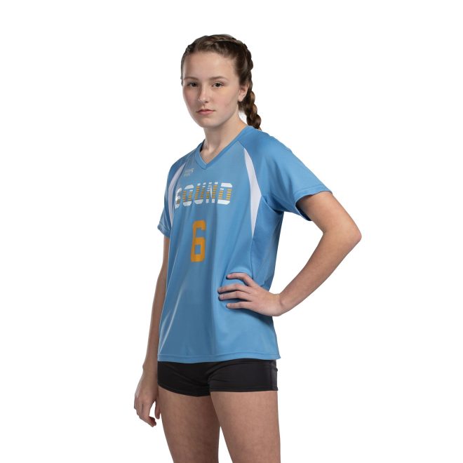 black high five knock out shorts front view paired with sky blue jersey says Bound in white and yellow across top of chest with yellow 6 below in center