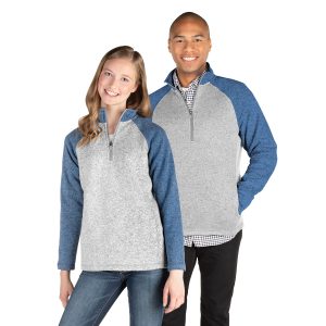 men and women grey with blue sleeves blocked heather fleece quarter zip front view on models