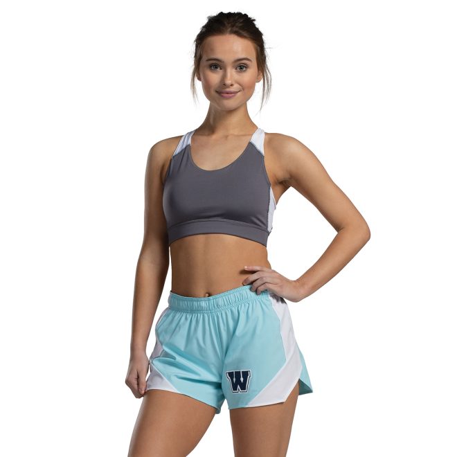 custom aqua holloway olympus short front view with navy W on left leg paired with dark grey sports bra