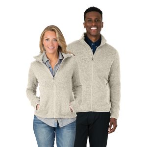 women and men oatmeal charles river heathered fleece jacket front view on models