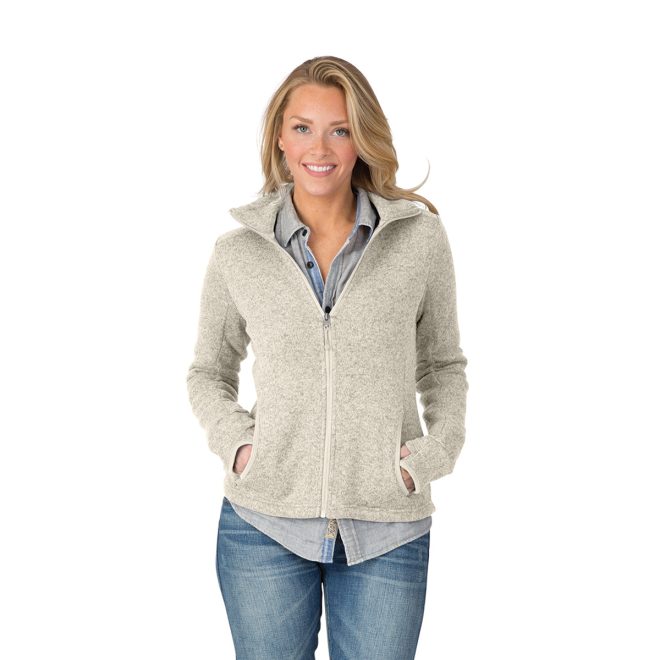 women oatmeal charles river heathered fleece jacket front view on model