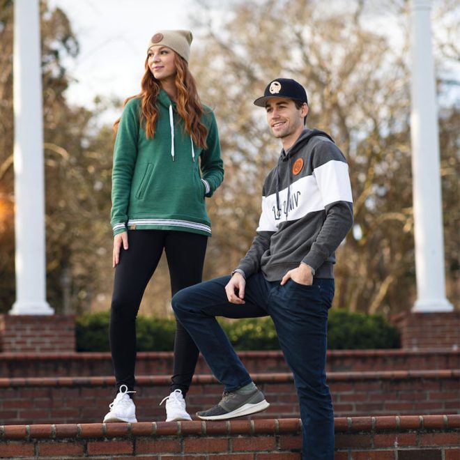 custom LA UNIV. carbon holloway all american hoodie front view and green hoodie on models