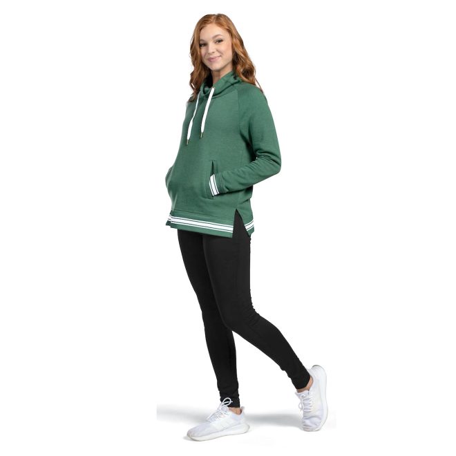 dark green holloway all american funnel neck pullover front view on model with black leggings