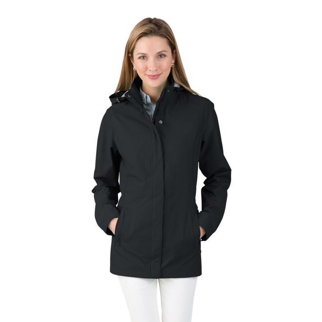 woman black river logan jacket front view on model