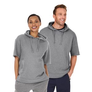 grey charles river coaches hoodie short sleeve front view on man and woman model